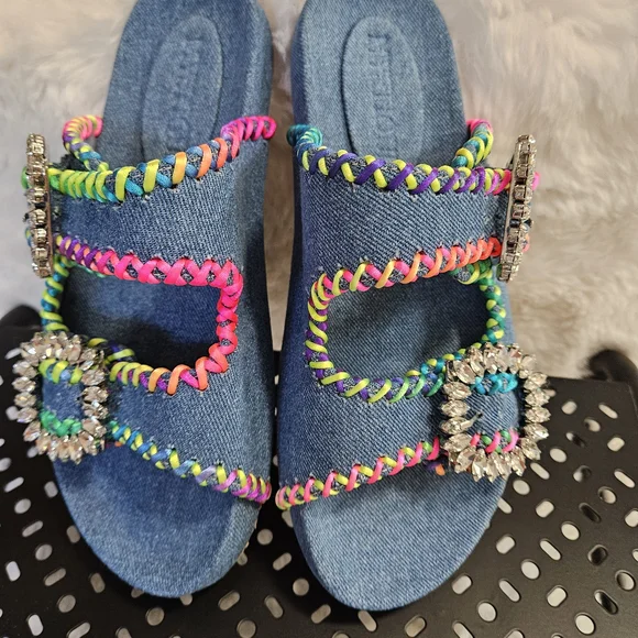 Mystique Luxury Denim Slides Sandals Crystal Buckle Size 8.5 (Fit 8-8.5) NWOB - Picture 3 of 13